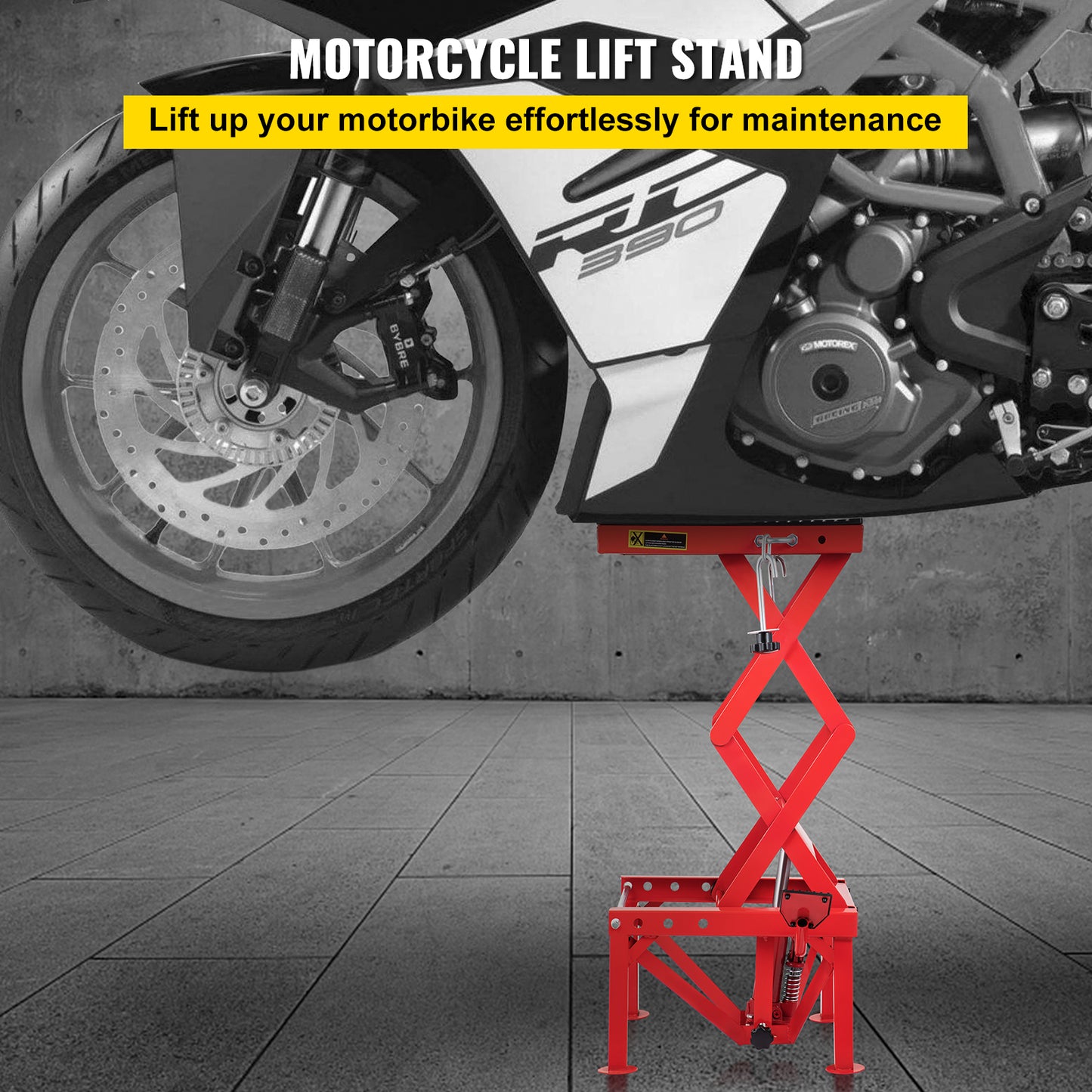 Motorcycle Hydraulic Scissor Lift Jack, 300 LBS Load, Portable Stand Table with Fastening Straps in Red/Silver/Blue.