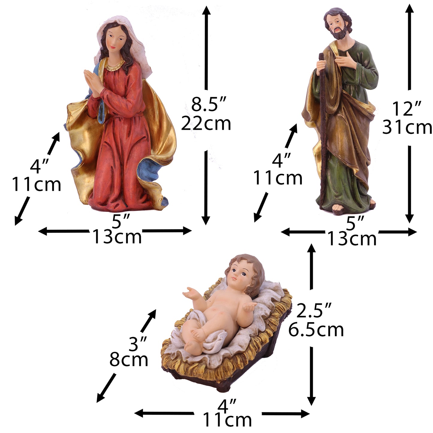 Grand ensemble de statues de la Nativité de 30,5 cm, sculpture de bébé Jésus, crèche de Noël, église, décoration de maison de vacances (11 pièces)