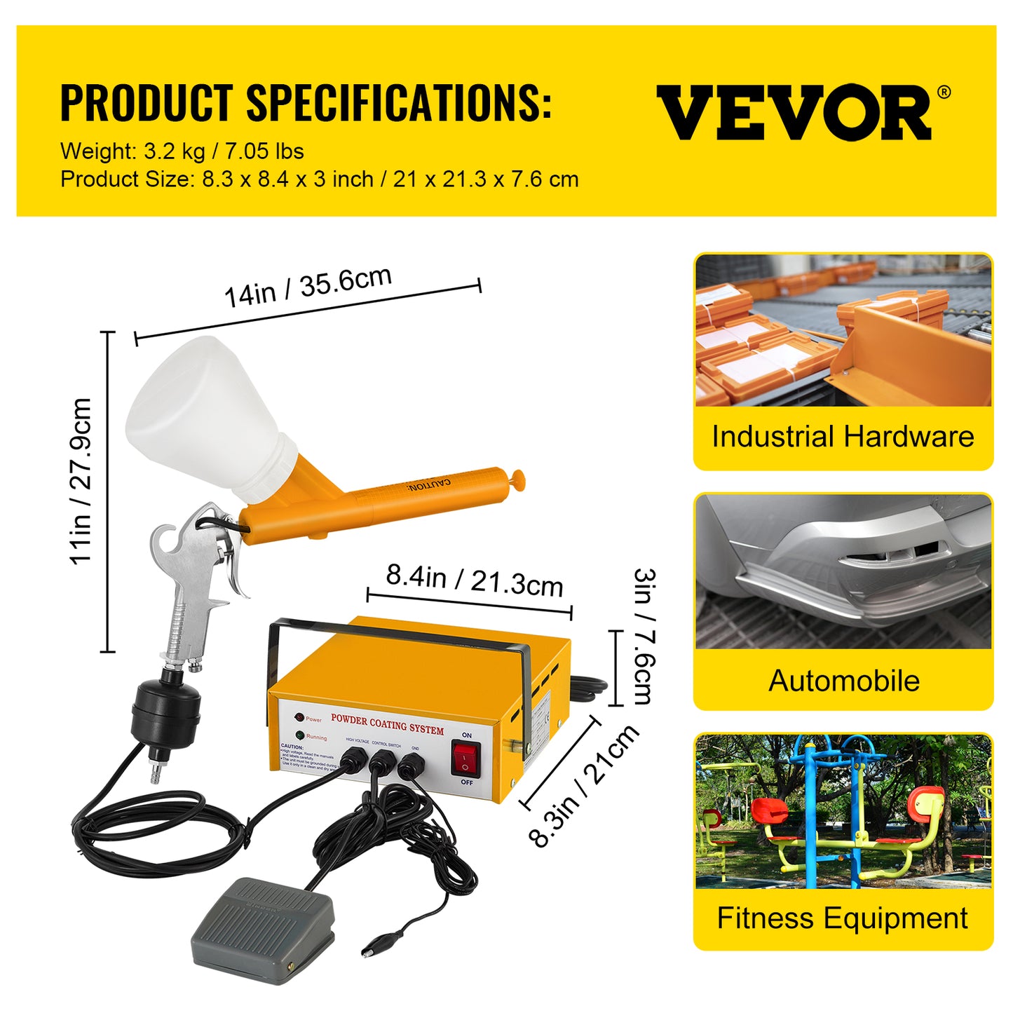 Pistolet de revêtement en poudre, Vevor, PC03-5, électrostatique, 3 W, jaune