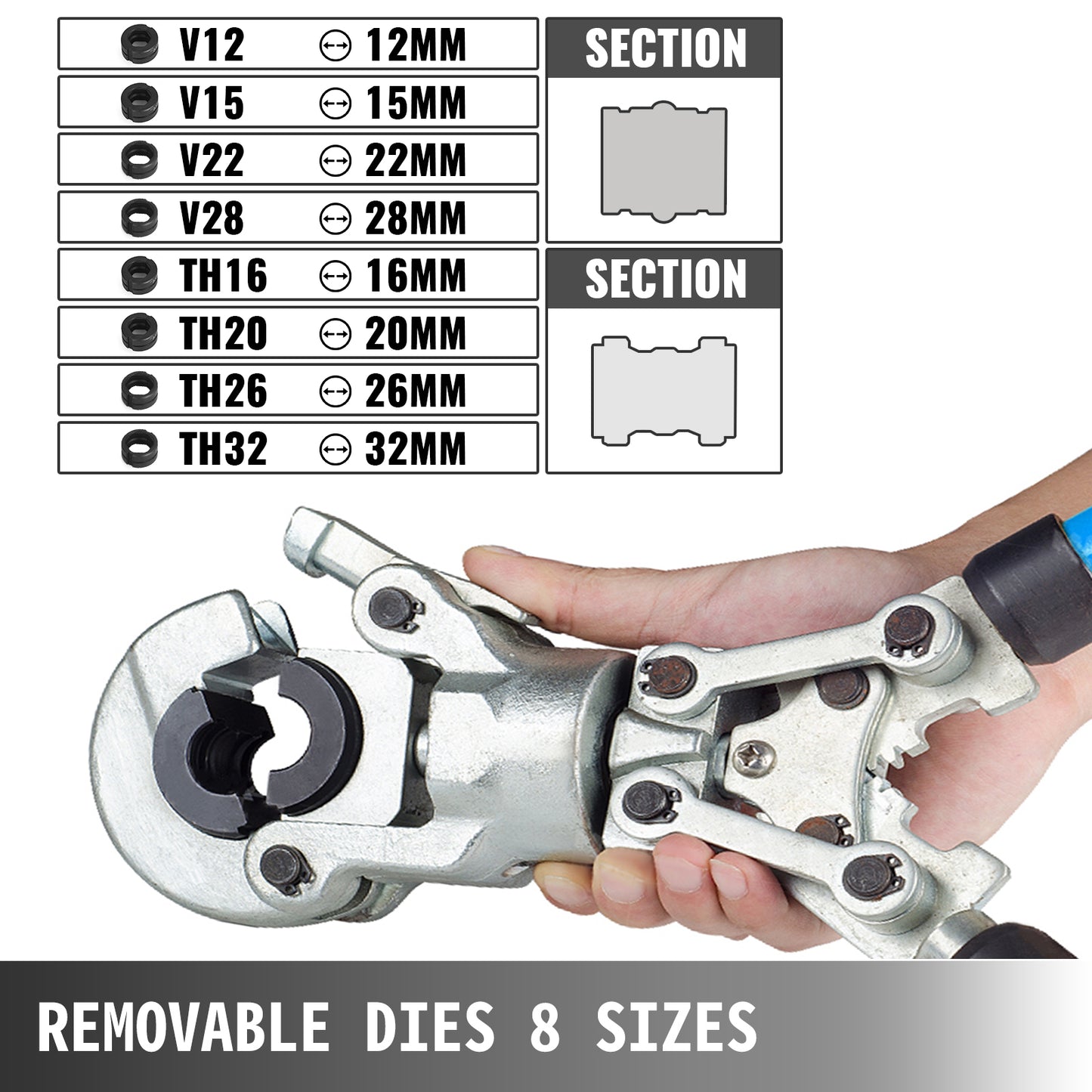 Copper pipe crimping tools with 8 dies, 16-32 mm, complete set, blue