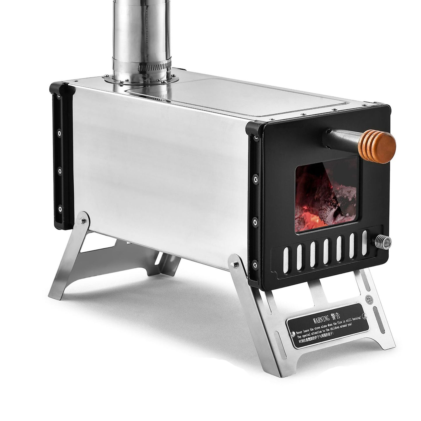 Stainless Steel Portable Wood Burning Stove with Chimney Pipes for Camping and Heating, 50 cm.