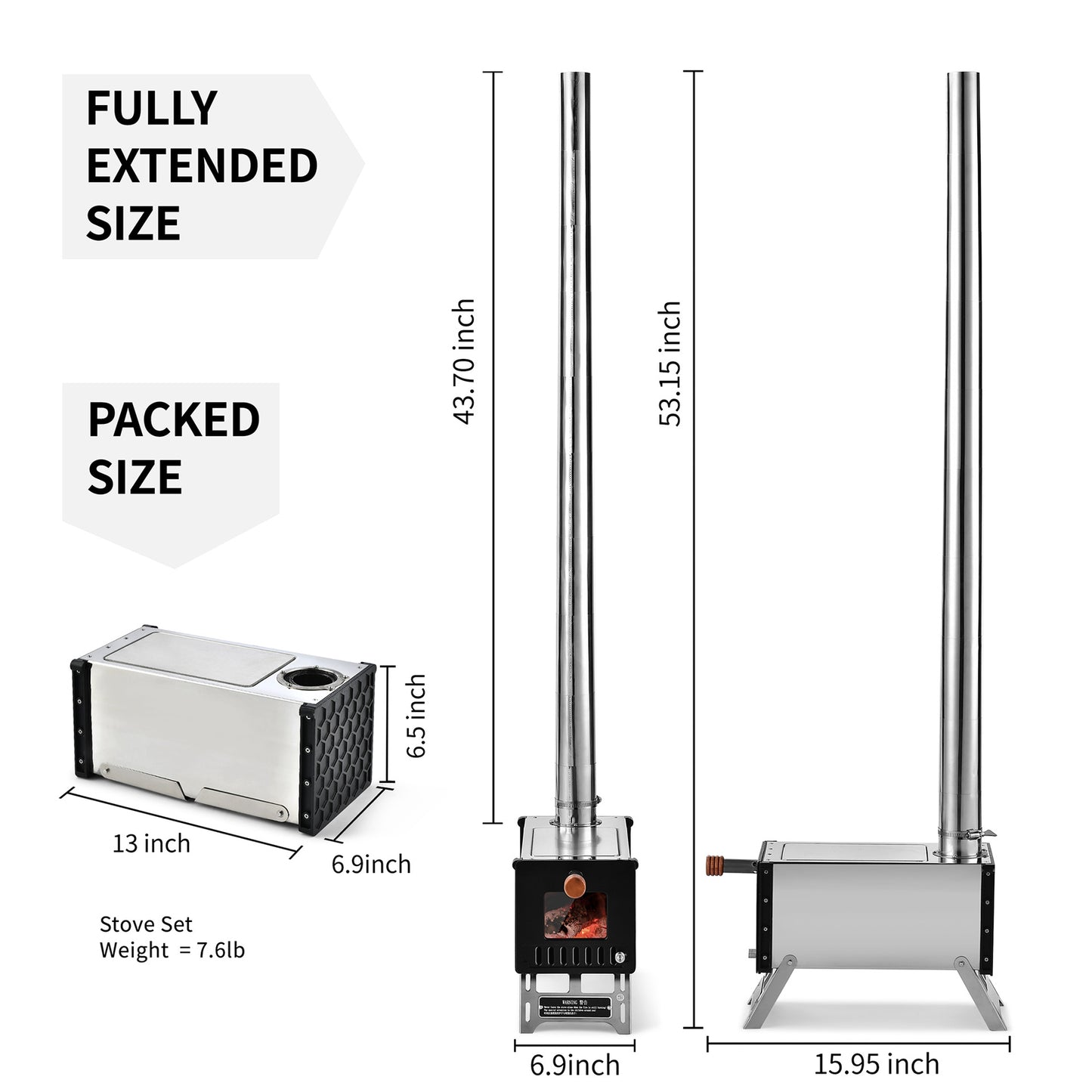 Stainless Steel Portable Wood Burning Stove with Chimney Pipes for Camping and Heating, 50 cm.