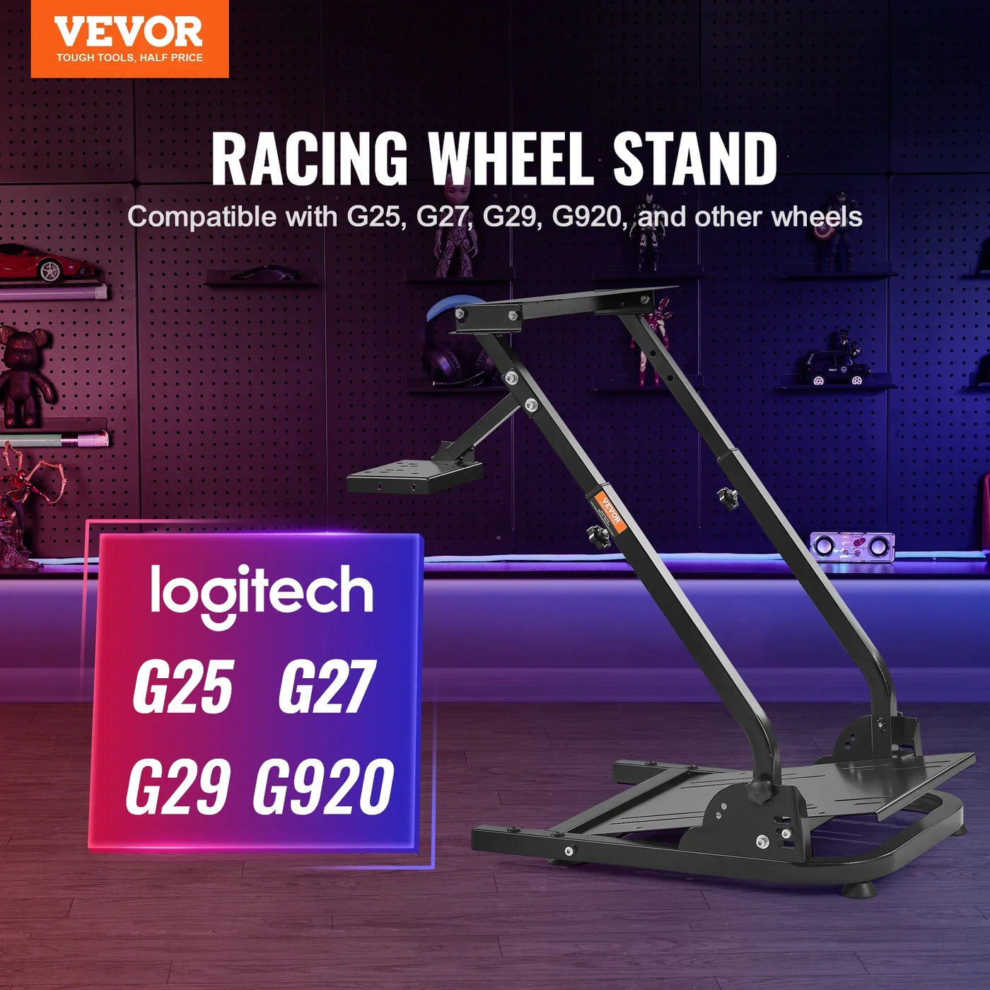 Racing Wheel Stand, Adjustable Carbon Steel, Foldable, Black