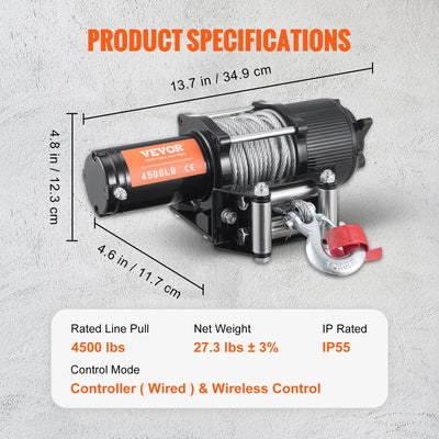 Electric Winch, 4500lbs, 12V, Steel Rope, Wired & Wireless Remote, Black