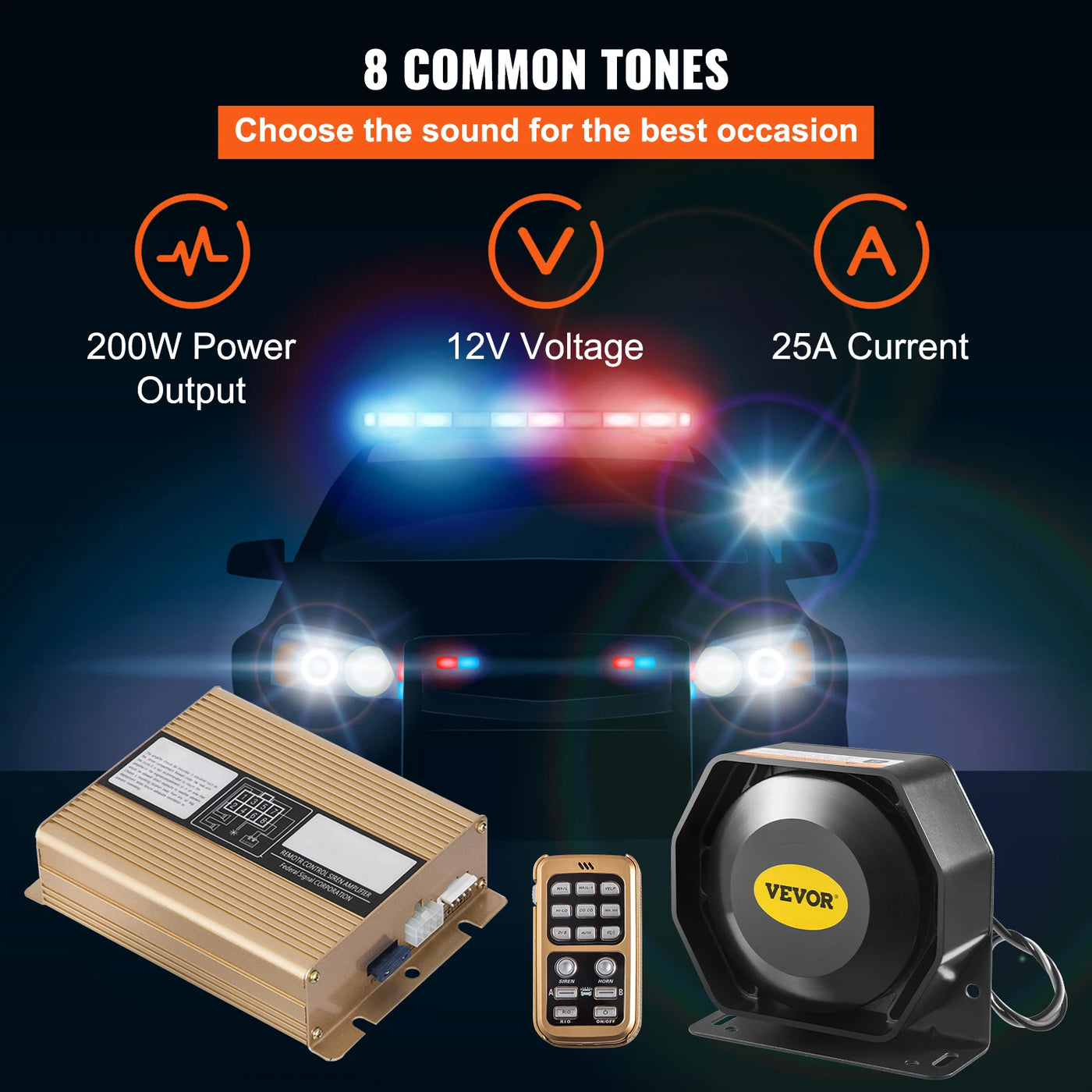 Speaker and Siren Kit, 200W, 8 Tones, Remote Mic, Black