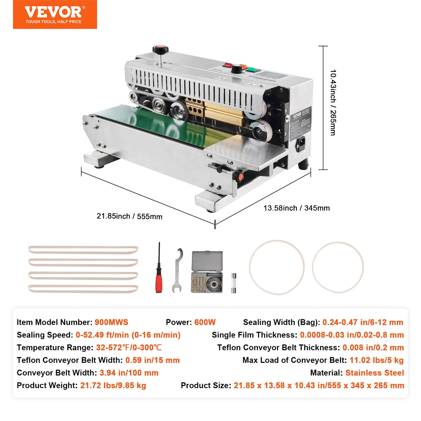 Continuous Band Sealer, Digital Temperature Control, 0.02-0.8mm, Plastic Bags, Stainless Steel, Silver