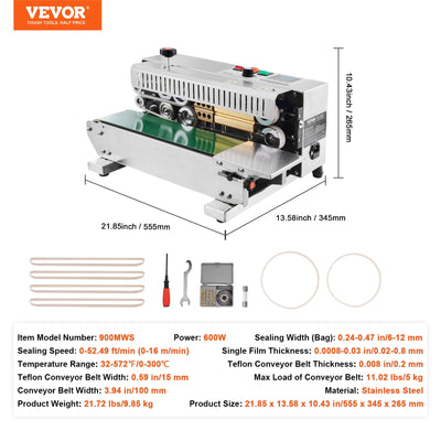 Continuous Band Sealer, Digital Temperature Control, 0.02-0.8mm, Plastic Bags, Stainless Steel, Silver