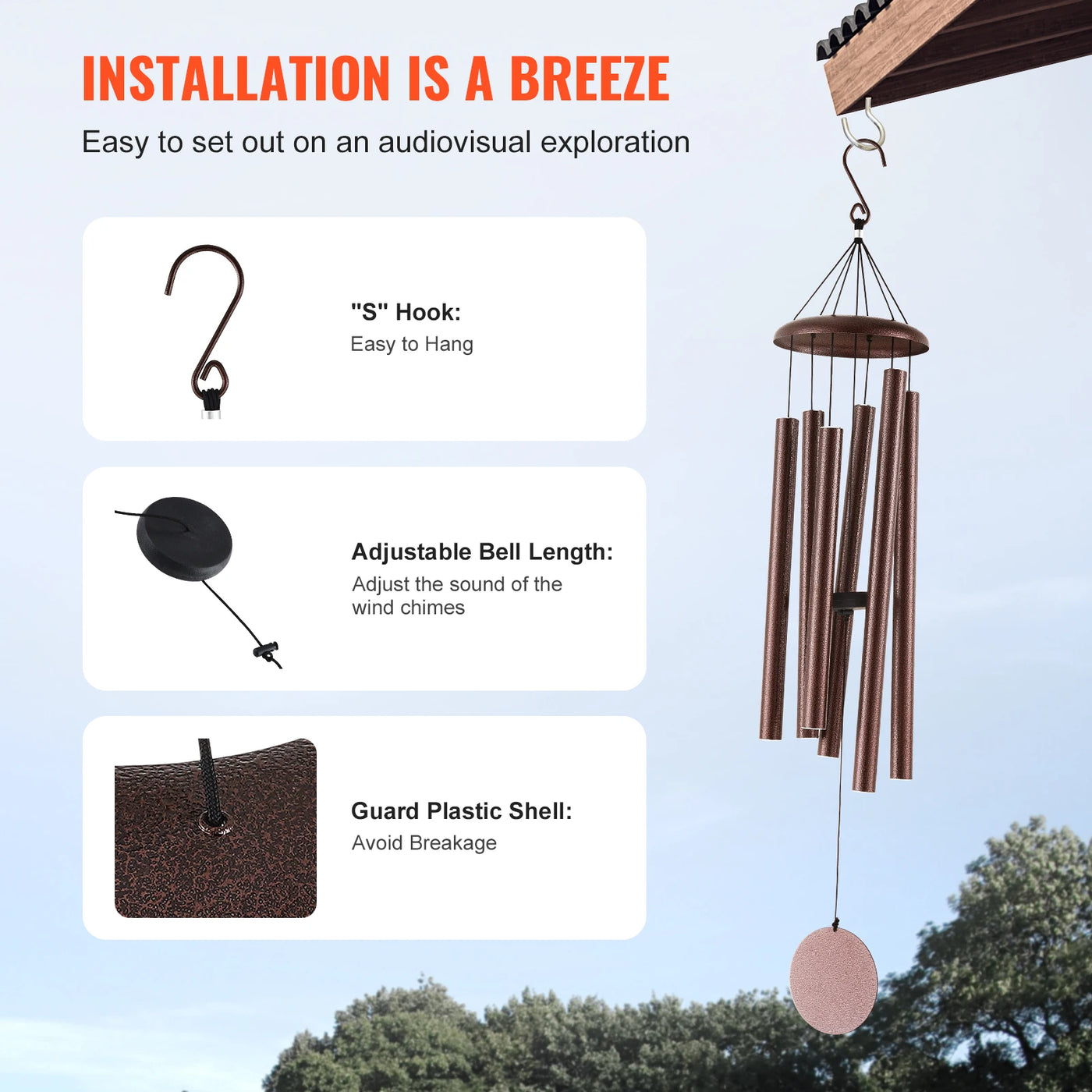 Wind Chimes, 45", Deep Tone, Outdoor Garden Decor, Bronze