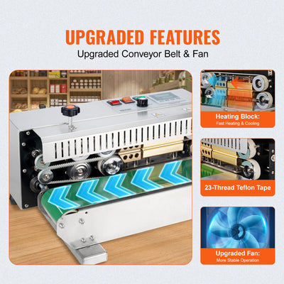 Continuous Band Sealer, Digital Temperature Control, 0.02-0.8mm, Plastic Bags, Stainless Steel, Silver