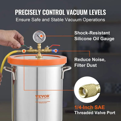 Vacuum Chamber, 1.5 Gallon, Stainless Steel, Glass Lid, High-Pressure Resistant, Silver