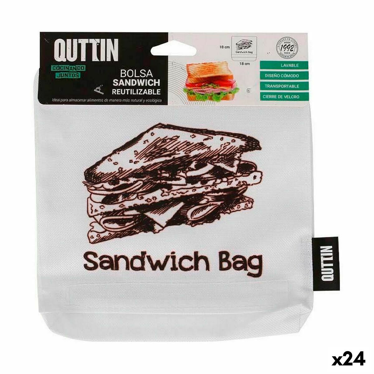 Geantă alimentară reutilizabilă Quttin Sandwich 18 x 18 x 2 cm (24 Unități)