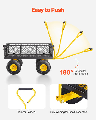 Garden Cart, 1400lbs, Steel Yard Wagon, All-Terrain Wheels, Yellow-Black