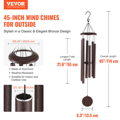 Wind Chimes, 45", Deep Tone, Outdoor Garden Decor, Bronze