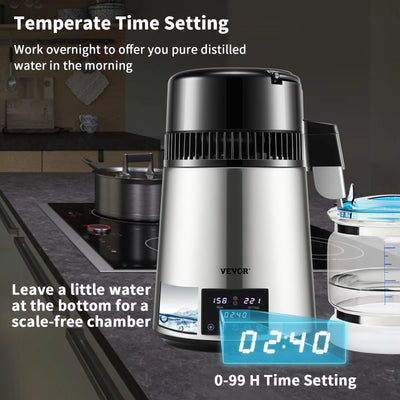 Water Distiller, 1.5 L/H Distilling Speed, Temperature & Time Settings, Glass Container, Silver