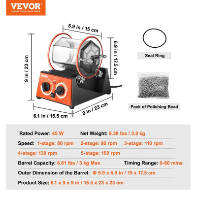Jewelry Polishing Machine, 3Kg Capacity, 5-Speed, Timer, Black