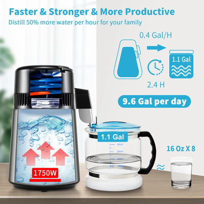 Water Distiller, 1 L/H Distilling Speed, Temperature & Time Settings, Glass Container, Silver