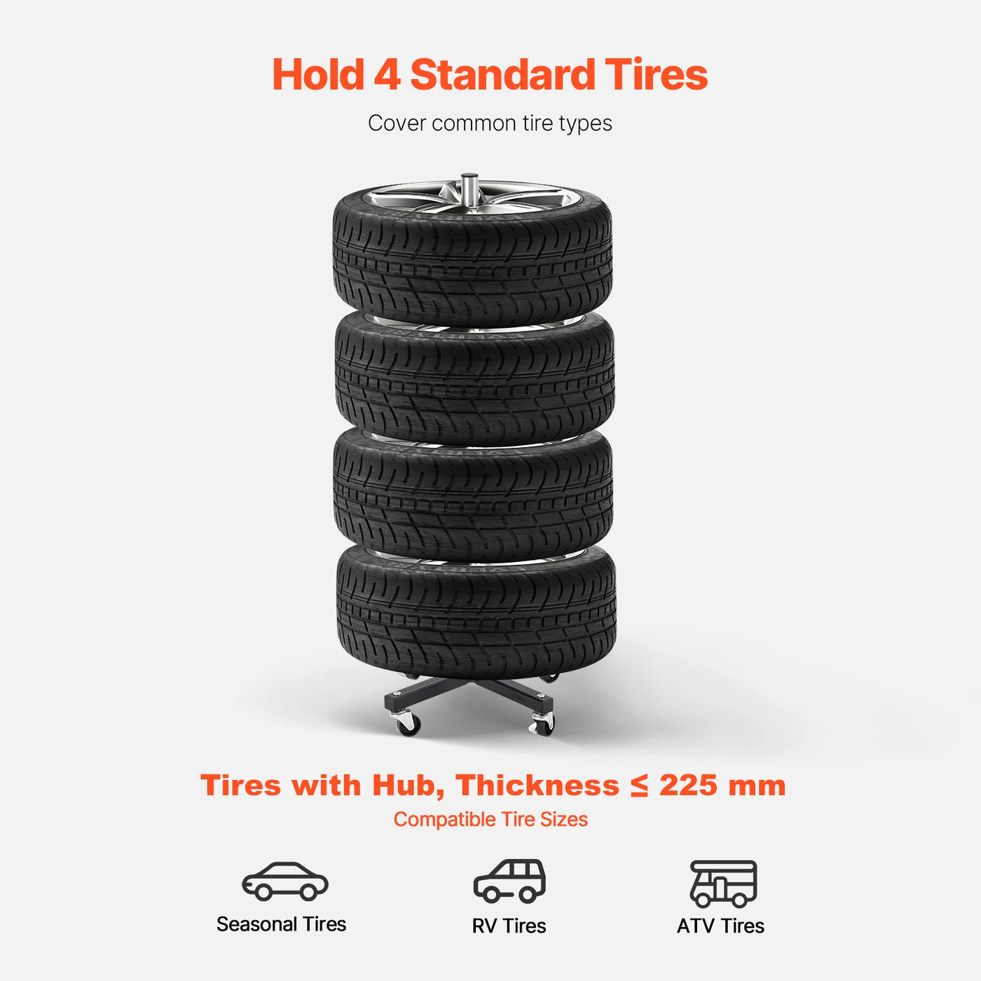 Tire Stand, Heavy-Duty Steel, 4-Tire Capacity, With Wheels, Black