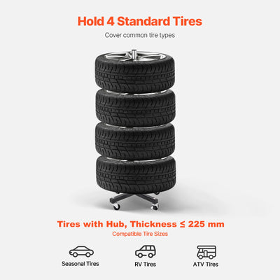 Tire Stand, Heavy-Duty Steel, 4-Tire Capacity, With Wheels, Black