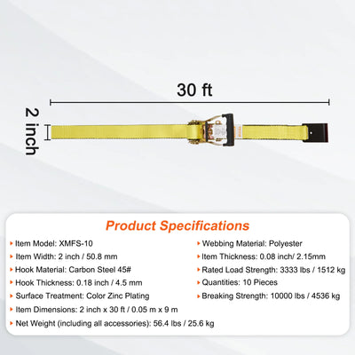 Ratchet Tie Down Straps, 10000Lbs Breaking Strength, Heavy Duty Track Spring Fittings, 10pcs, Yellow