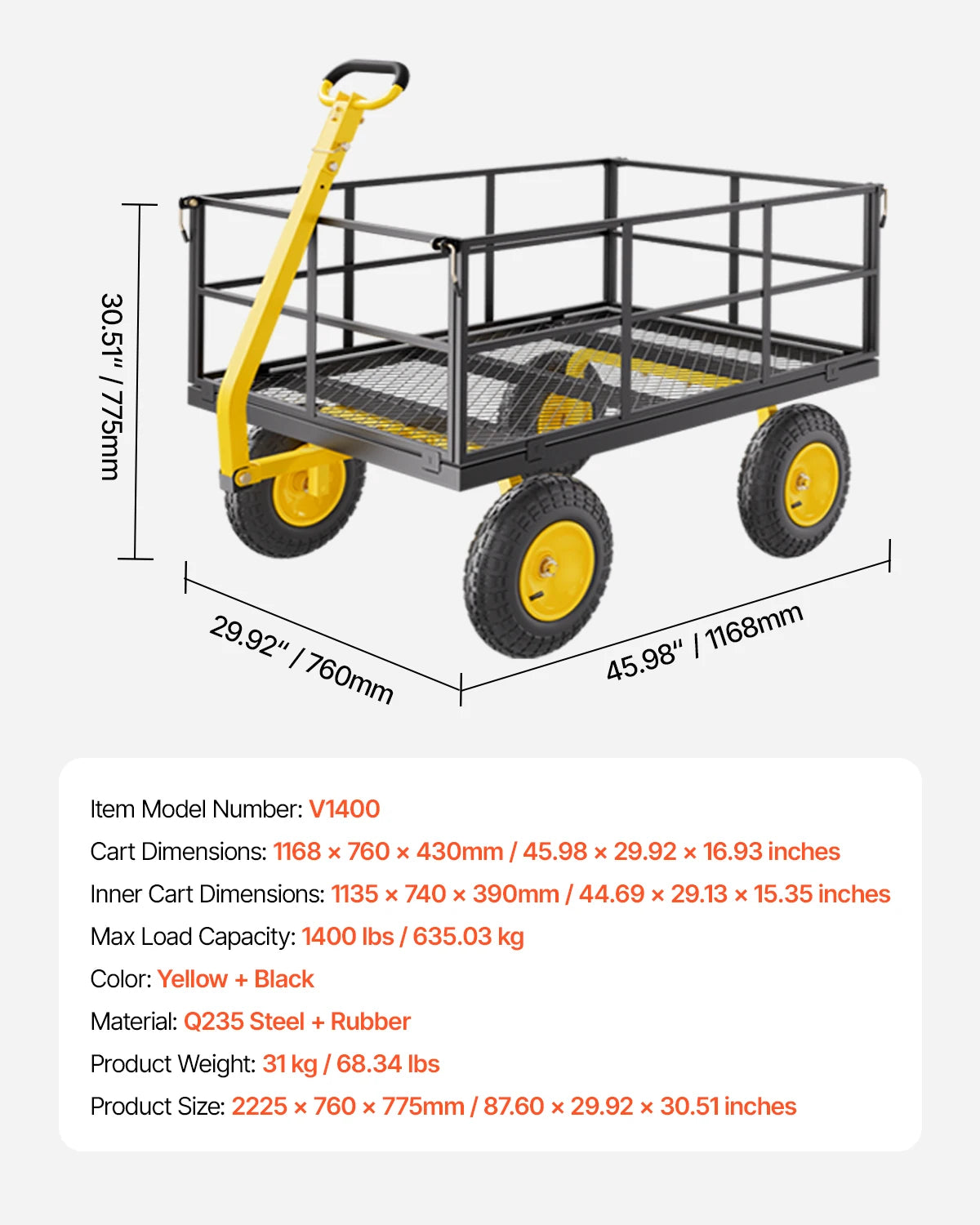 Garden Cart, 1400lbs, Steel Yard Wagon, All-Terrain Wheels, Yellow-Black