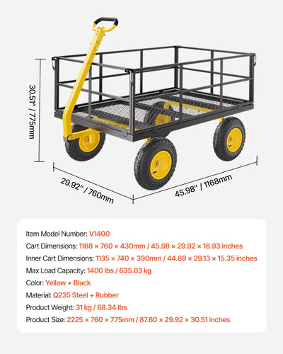 Garden Cart, 1400lbs, Steel Yard Wagon, All-Terrain Wheels, Yellow-Black
