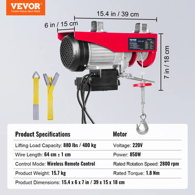 Electric Hoist, 880lbs Capacity, Steel, Wireless Remote, Red