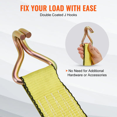 Ratchet Tie Down Straps, 5000 lbs Strength, Double J Hooks, 2 x 27 inch, 4pcs, Polyester, Yellow
