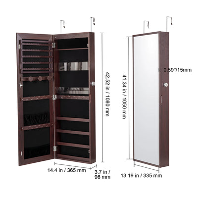 Mirror Jewelry Cabinet, Lockable, Armoire with Full-Length Mirror, Wall Door Mounted, 42.5in, Brown