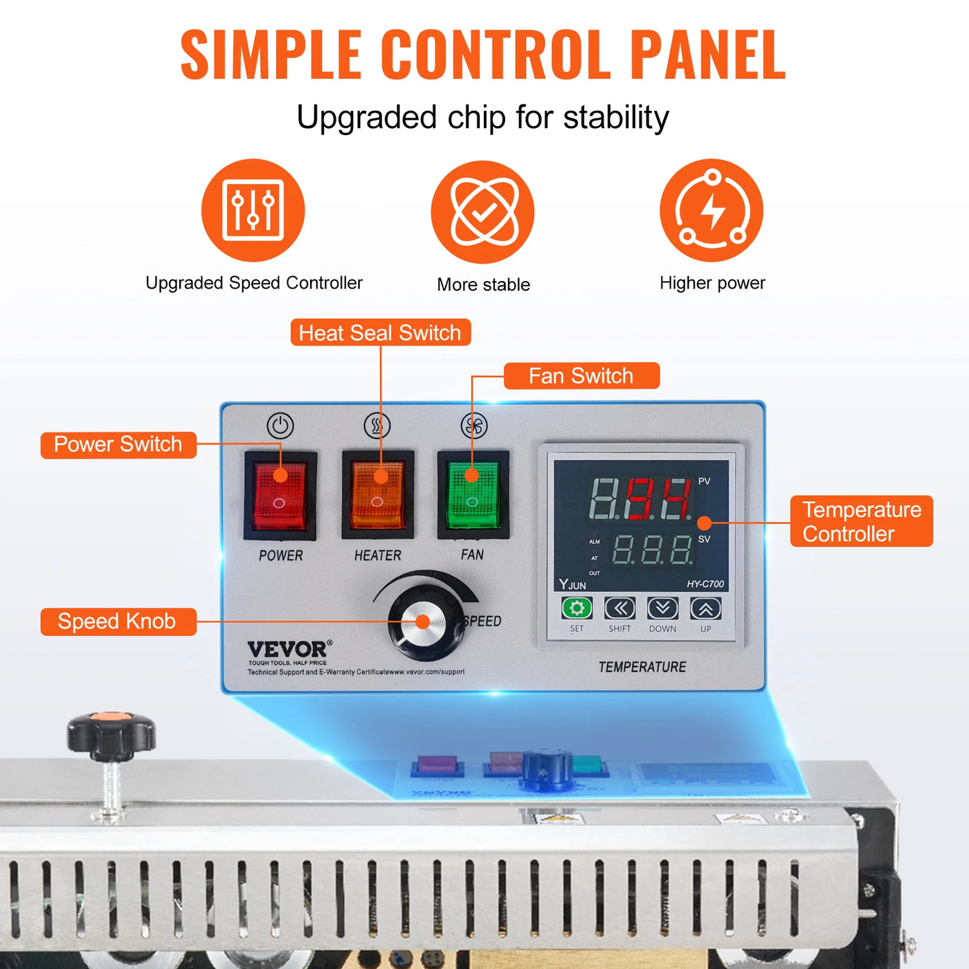 Continuous Band Sealer, Digital Temperature Control, 0.02-0.8mm, Plastic Bags, Stainless Steel, Silver