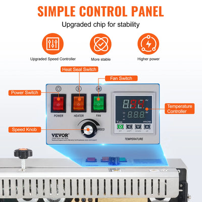 Continuous Band Sealer, Digital Temperature Control, 0.02-0.8mm, Plastic Bags, Stainless Steel, Silver