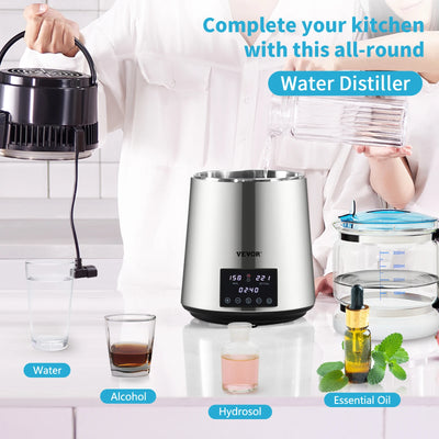 Water Distiller, 1 L/H Distilling Speed, Temperature & Time Settings, Glass Container, Silver