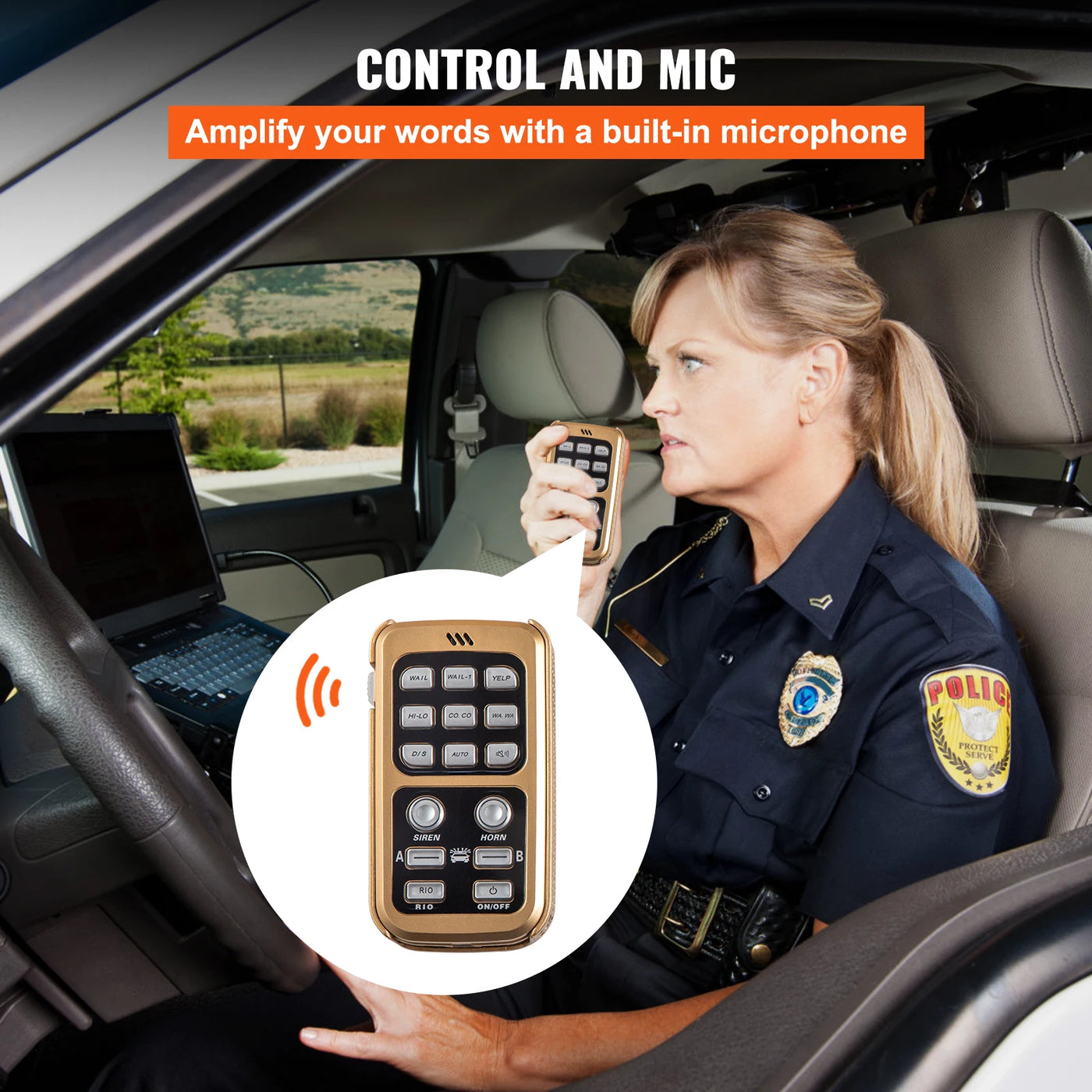 Speaker and Siren Kit, 200W, 8 Tones, Remote Mic, Black