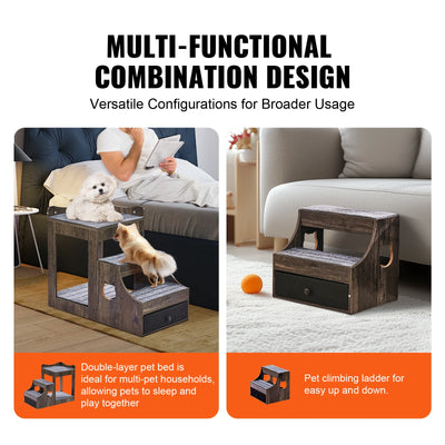 Pet Bunk Bed, Multi-Level Bed with Storage, Dog Window Perch with Removable Stairs, Brown