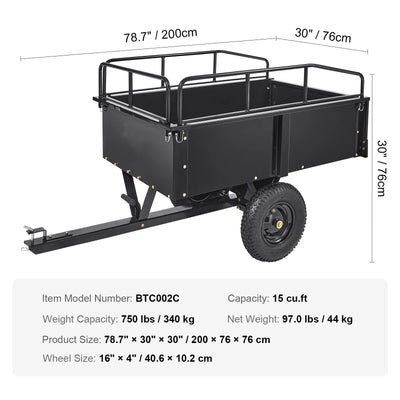Tow Behind Dump Cart, ATV Garden Trailer, 12 CuFt, Steel, Black