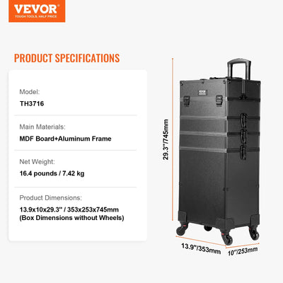 Makeup Case, Large Capacity, 4 Compartments, Black