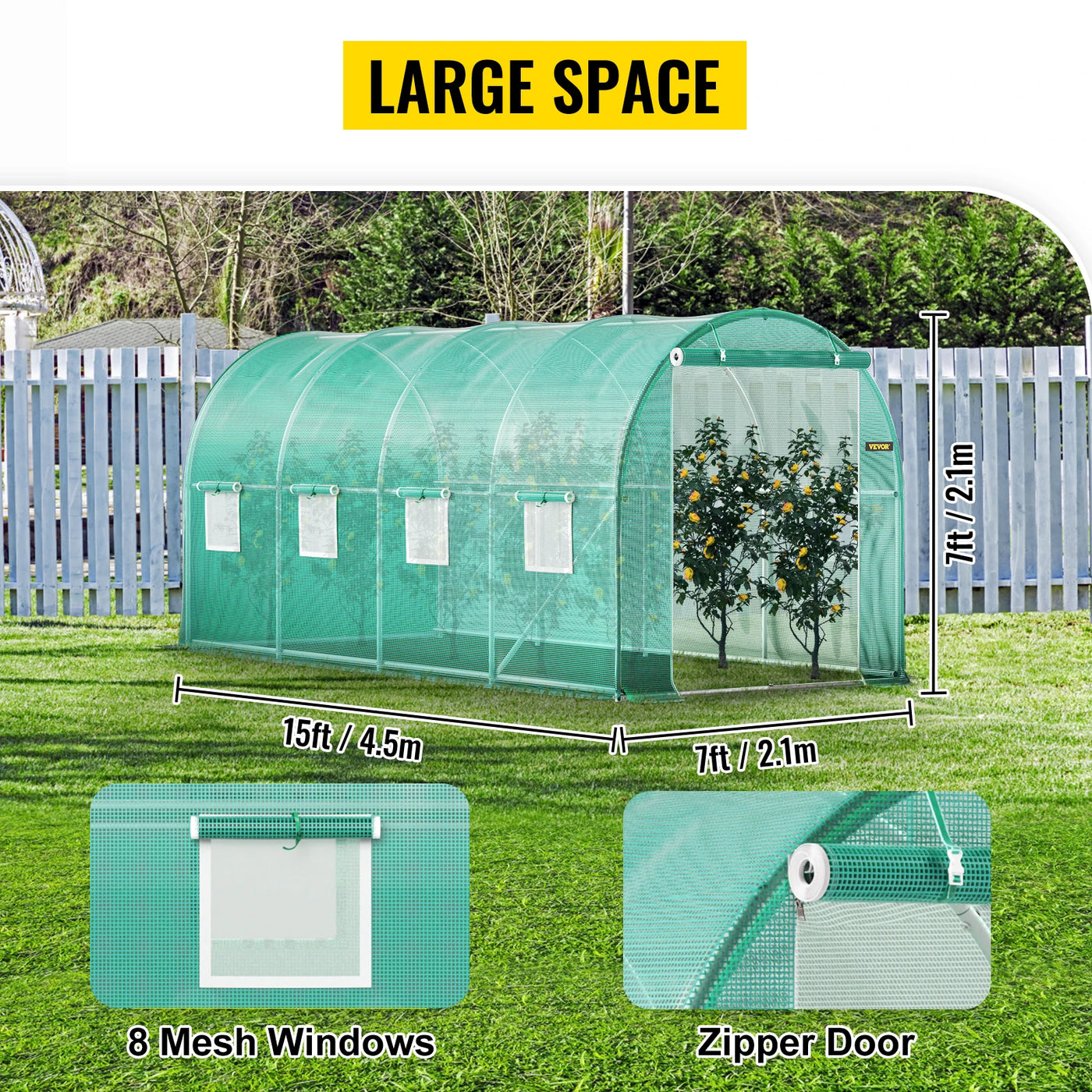 Walk-In Tunnel Greenhouse, Galvanized Frame, Waterproof Cover, 15x7x7 ft, Green