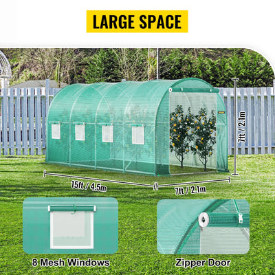 Walk-In Tunnel Greenhouse, Galvanized Frame, Waterproof Cover, 15x7x7 ft, Green