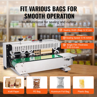 Continuous Band Sealer, Digital Temperature Control, 0.02-0.8mm, Plastic Bags, Stainless Steel, Silver
