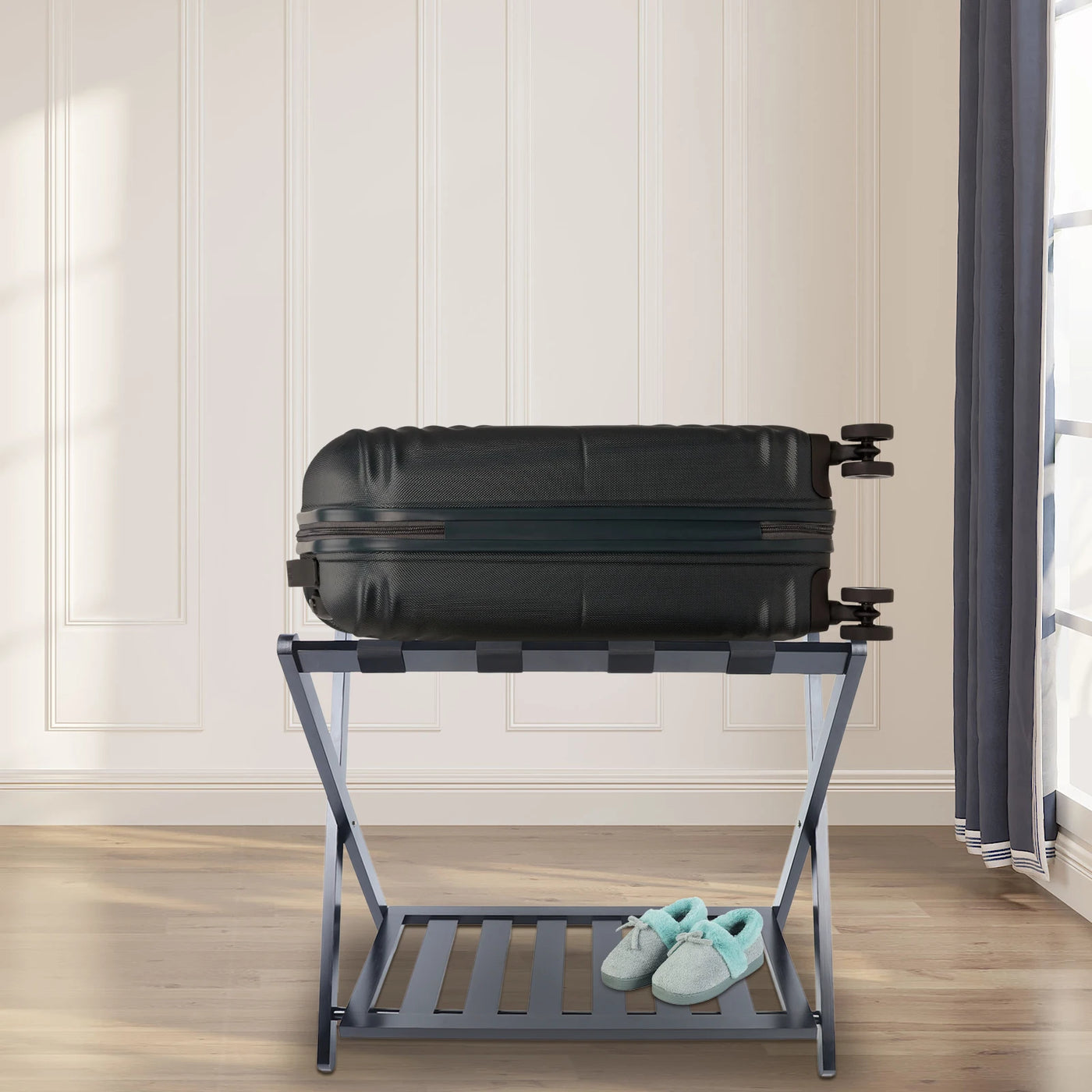 Luggage Rack, Foldable Metal Frame, Nylon Straps, Shoe Shelf, Black