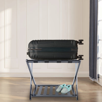 Luggage Rack, Foldable Metal Frame, Nylon Straps, Shoe Shelf, Black