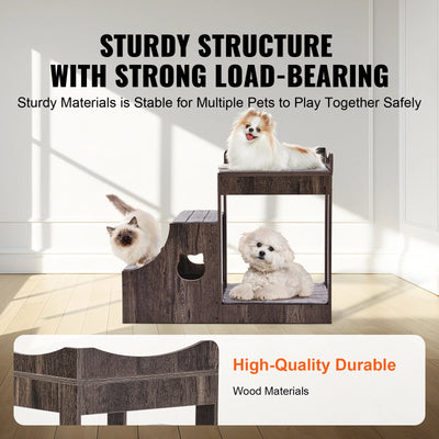 Pet Bunk Bed, Multi-Level Bed with Storage, Dog Window Perch with Removable Stairs, Brown