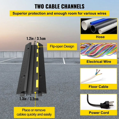 Cable Protector Ramp, 2 Channels, 5 Pcs, Rubber & PVC, Black