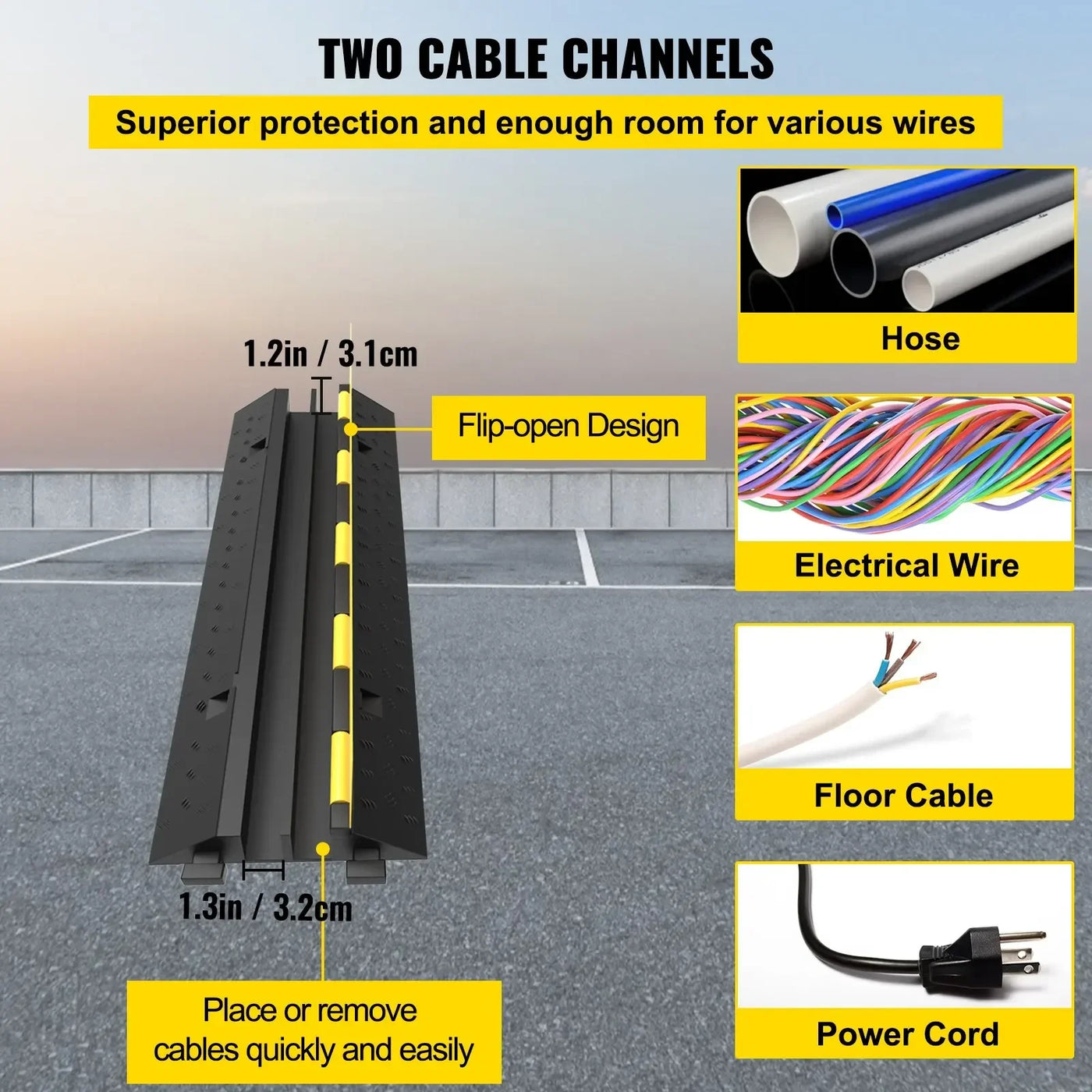 Cable Protector Ramp, 2 Channels, 3 Pcs, Rubber & PVC, Black