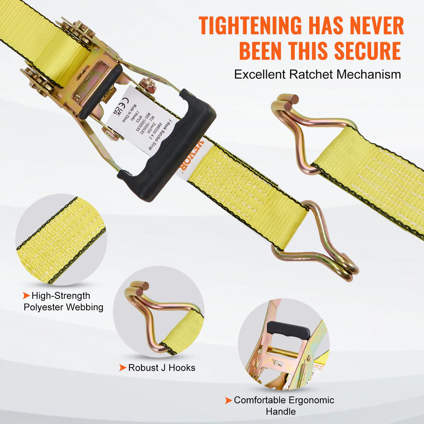 Ratchet Tie Down Straps, 5000 lbs Strength, Double J Hooks, 2 x 27 inch, 4pcs, Polyester, Yellow