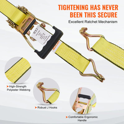 Ratchet Tie Down Straps, 5000 lbs Strength, Double J Hooks, 2 x 27 inch, 4pcs, Polyester, Yellow