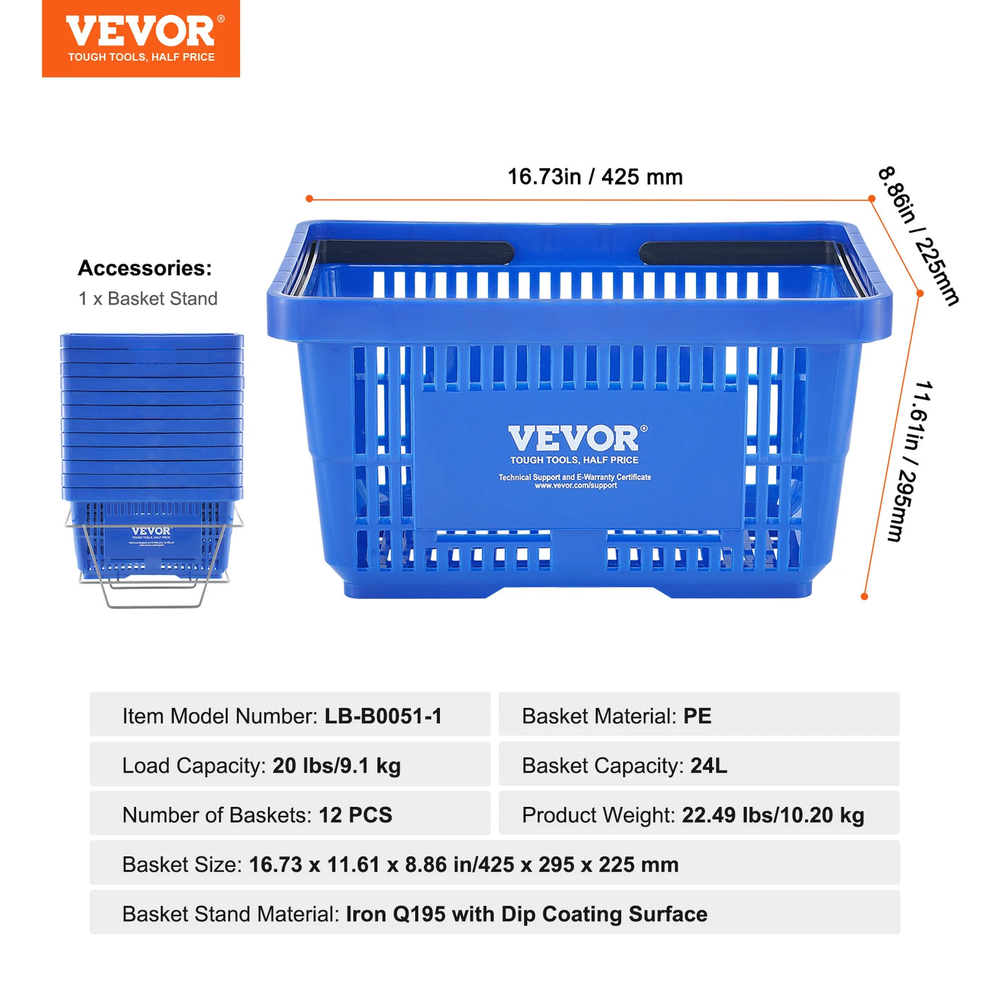 Shopping Basket Set, 24L, Plastic, With Handle and Stand, Blue