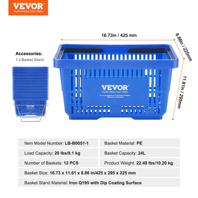 Shopping Basket Set, 24L, Plastic, With Handle and Stand, Blue