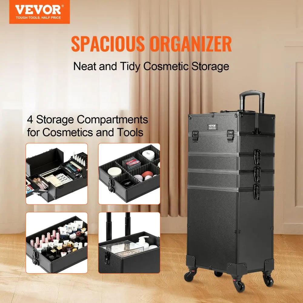 Makeup Case, Large Capacity, 4 Compartments, Black