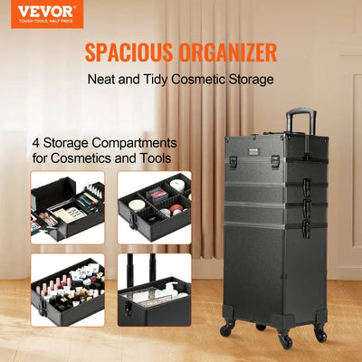 Makeup Case, Large Capacity, 4 Compartments, Black