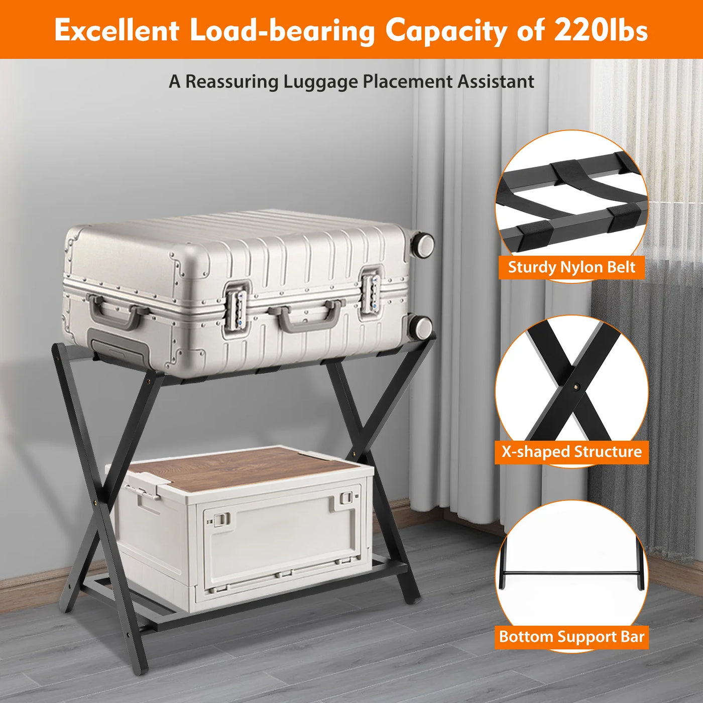 Luggage Rack, Foldable Metal Frame, Nylon Straps, Shoe Shelf, Black
